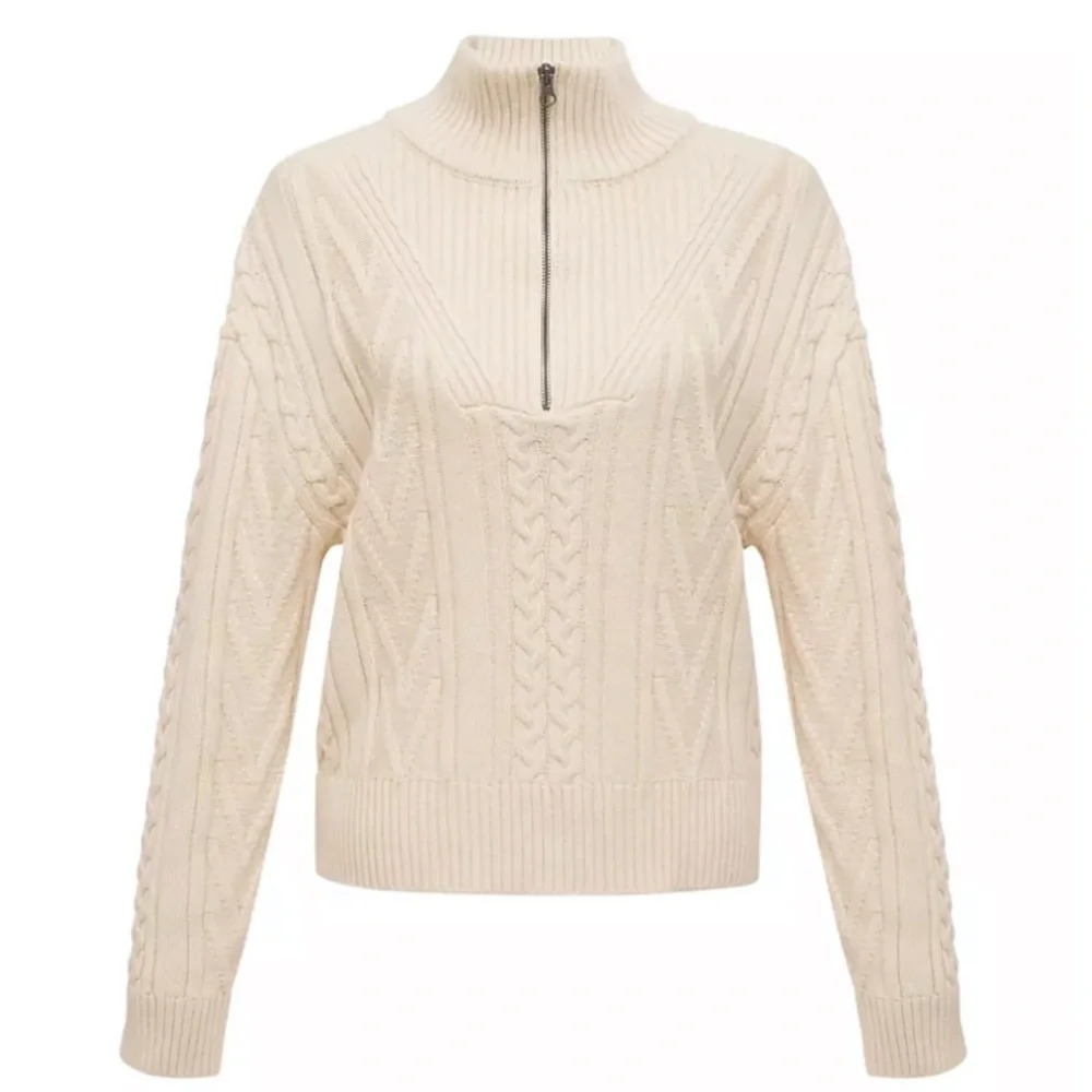 Monrow Cable Knit Half Zip Sweater Cream Large